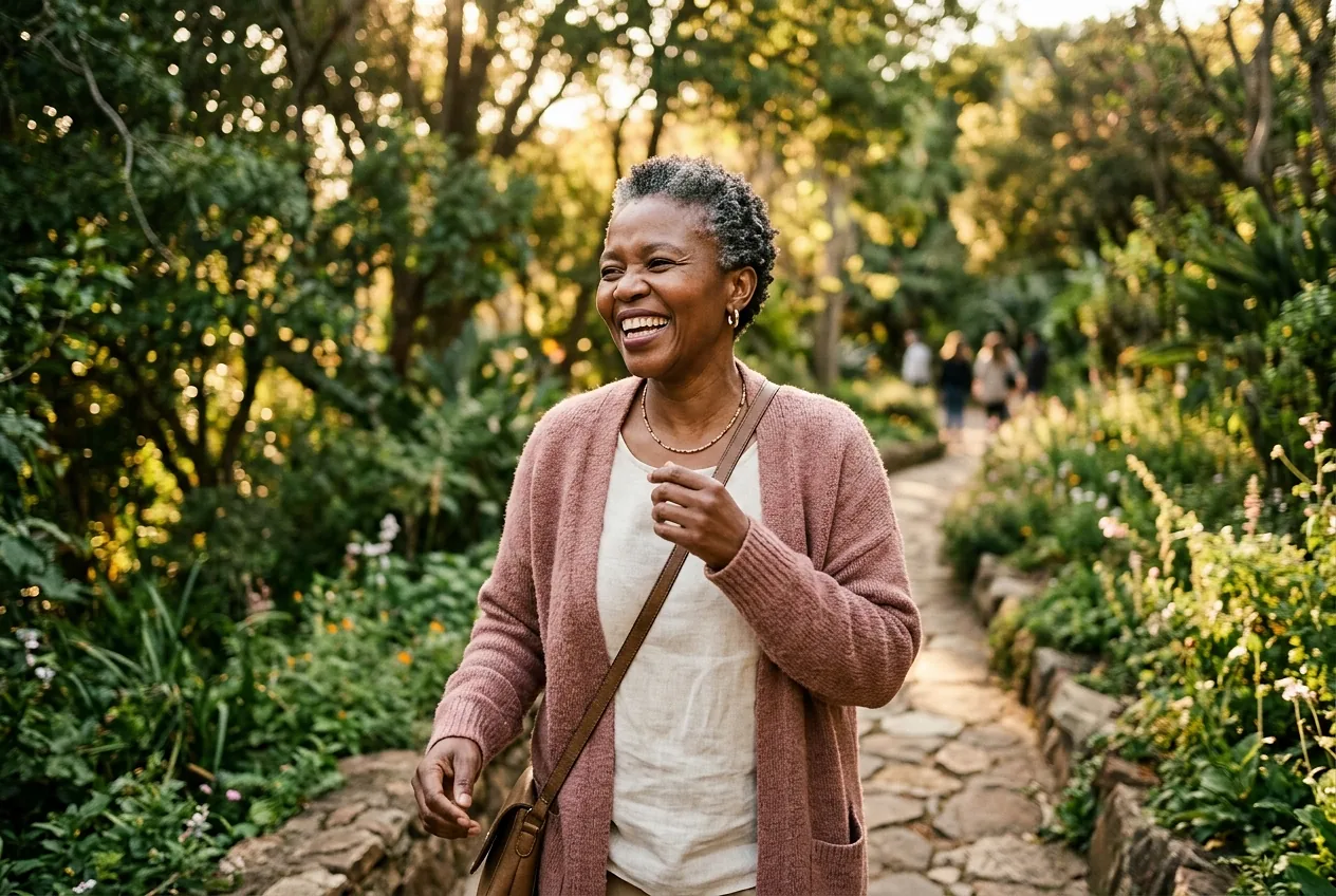 Smiling woman in her fifties walking through a garden in golden light