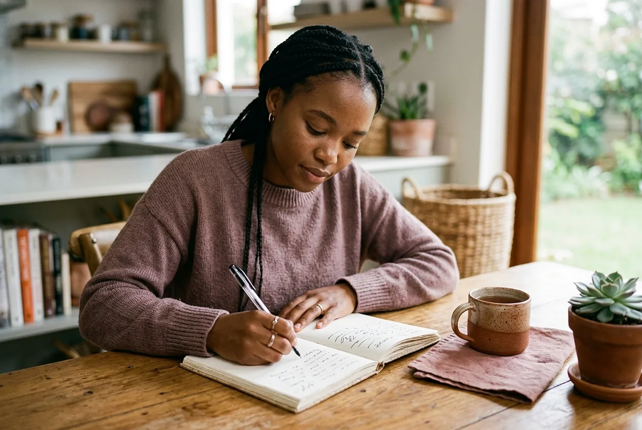 Young woman writing in a journal at a sunny kitchen table